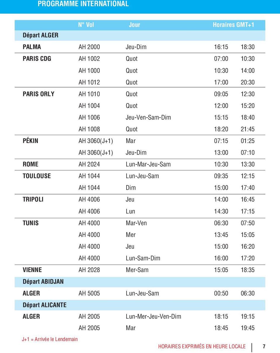 1044 Lun-Jeu-Sam 09:35 12:15 AH 1044 Dim 15:00 17:40 TRIPOLI AH 4006 Jeu 14:00 16:45 AH 4006 Lun 14:30 17:15 TUNIS AH 4000 Mar-Ven 06:30 07:50 AH 4000 Mer 13:45 15:05 AH 4000 Jeu 15:00 16:20 AH 4000