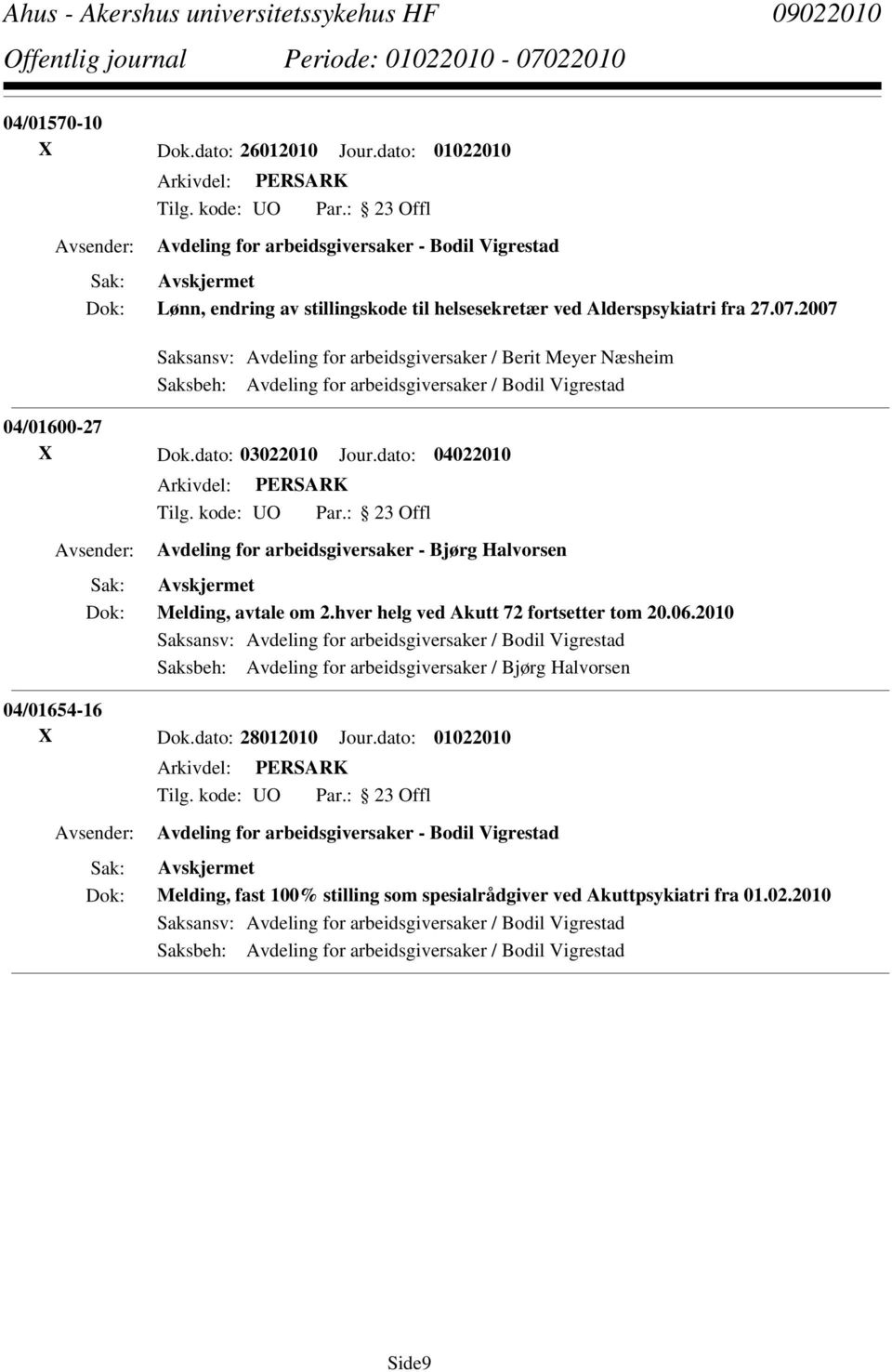 dato: 04022010 Avdeling for arbeidsgiversaker - Bjørg Halvorsen Melding, avtale om 2.hver helg ved Akutt 72 fortsetter tom 20.06.