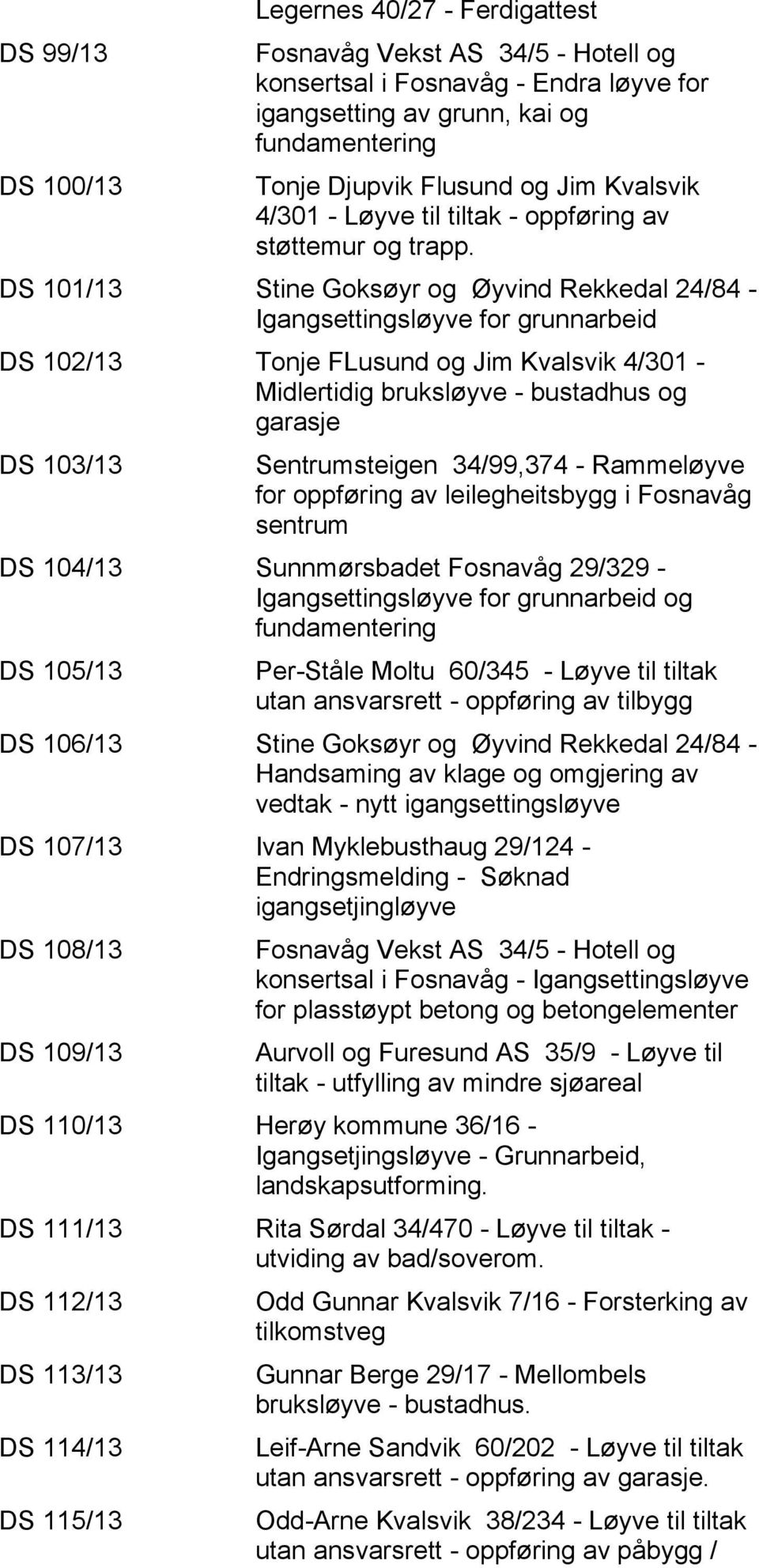 DS 101/13 Stine Goksøyr og Øyvind Rekkedal 24/84 - Igangsettingsløyve for grunnarbeid DS 102/13 Tonje FLusund og Jim Kvalsvik 4/301 - Midlertidig bruksløyve - bustadhus og garasje DS 103/13