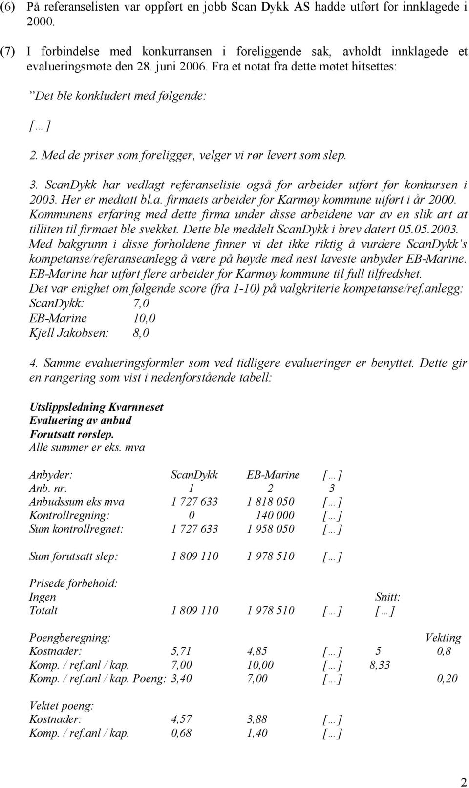 ScanDykk har vedlagt referanseliste også for arbeider utført før konkursen i 2003. Her er medtatt bl.a. firmaets arbeider for Karmøy kommune utført i år 2000.