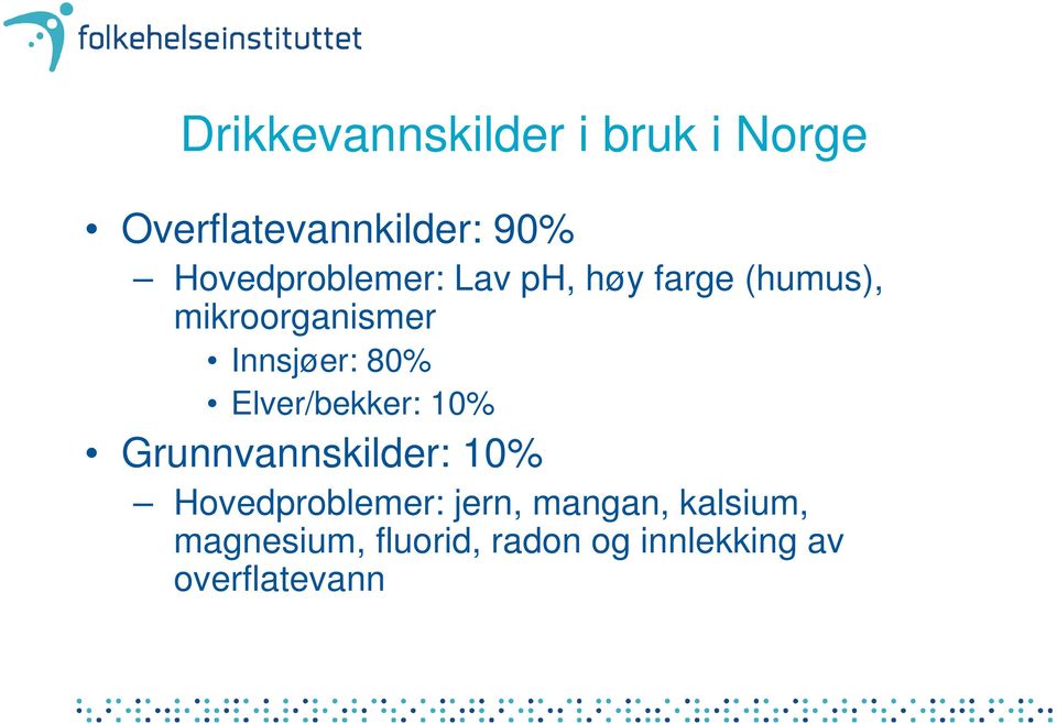 Innsjøer: 80% Elver/bekker: 10% Grunnvannskilder: 10%