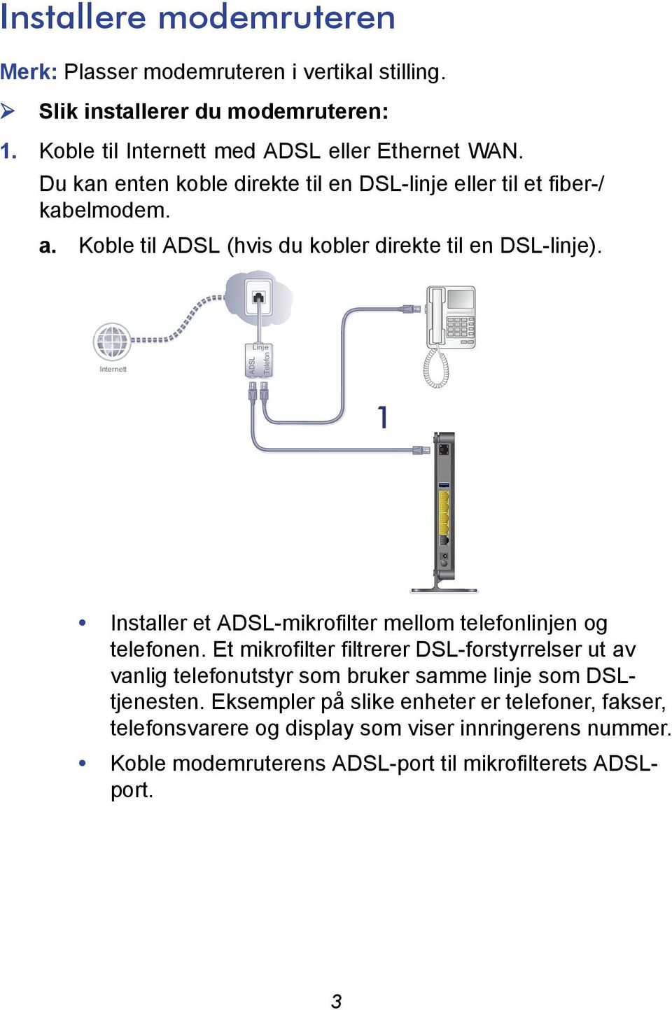 Linje Internett ADSL Telefon 1 Installer et ADSL-mikrofilter mellom telefonlinjen og telefonen.