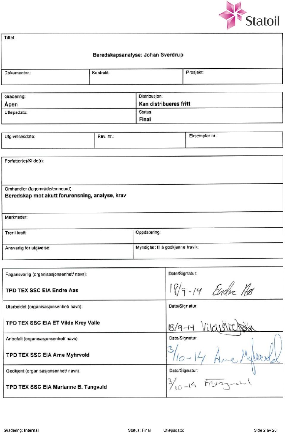 Fagansvarlig (organisasjonsenhet/ navn): Dato/Signatur: TPD TEX SSC EIA Endre Aas Utarbeidet (organisasjonsenhet/ navn): Dato/Signatur: TPD TEX SSC EIA ET Vilde Krey Valle Anbefalt