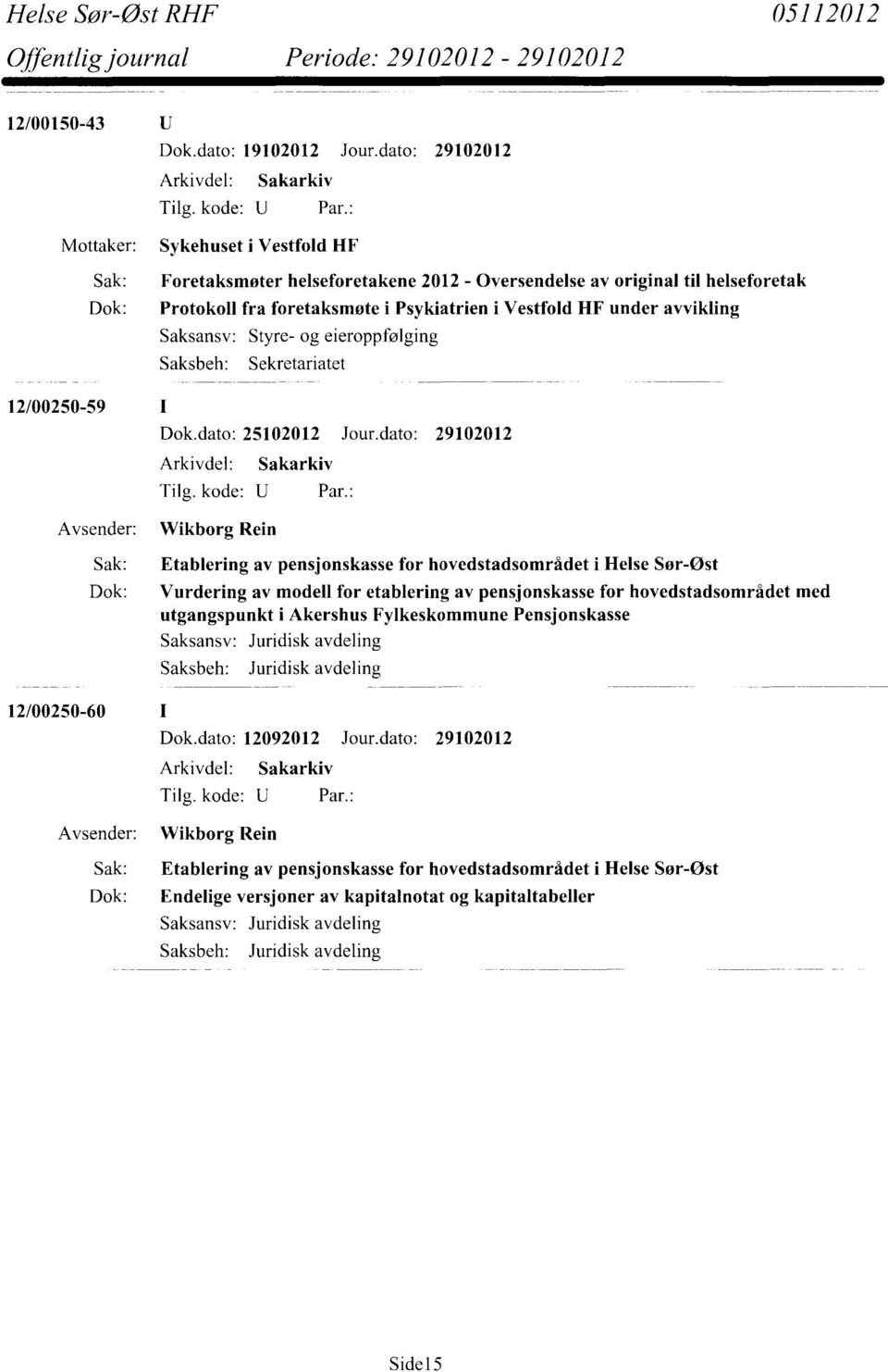 Saksansv: Styre- og eieroppfølging Saksbeh: Sekretariatet 12/00250-59 Dok.dato: 25102012 Jour.
