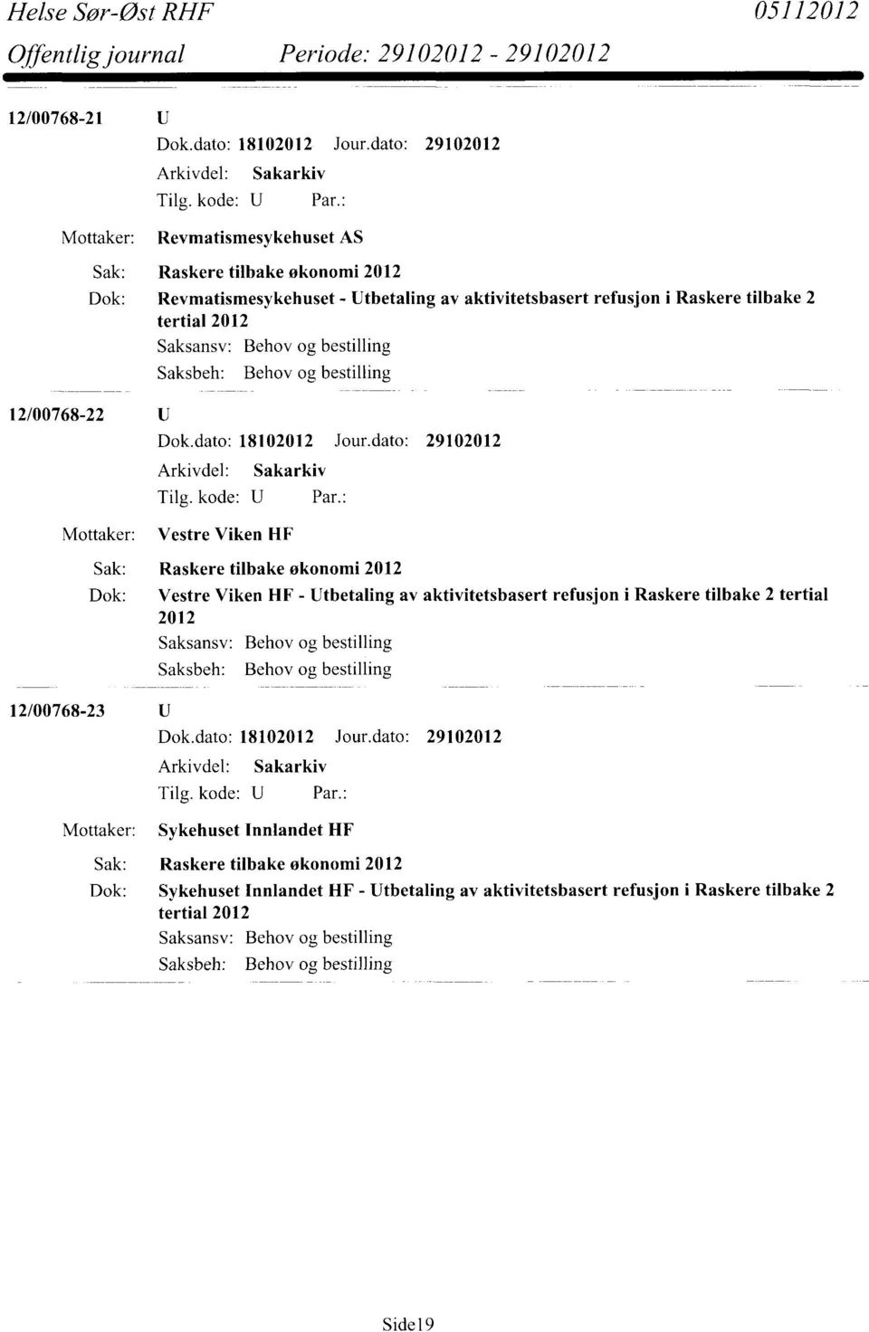 aktivitetsbasert refusjon i Raskere tilbake 2 tertial 2012 Saksansv: Behov og bestilling Saksbeh: Behov og bestilling 12/00768-23 Mottaker: Sykehuset Innlandet HF Sak: Raskere