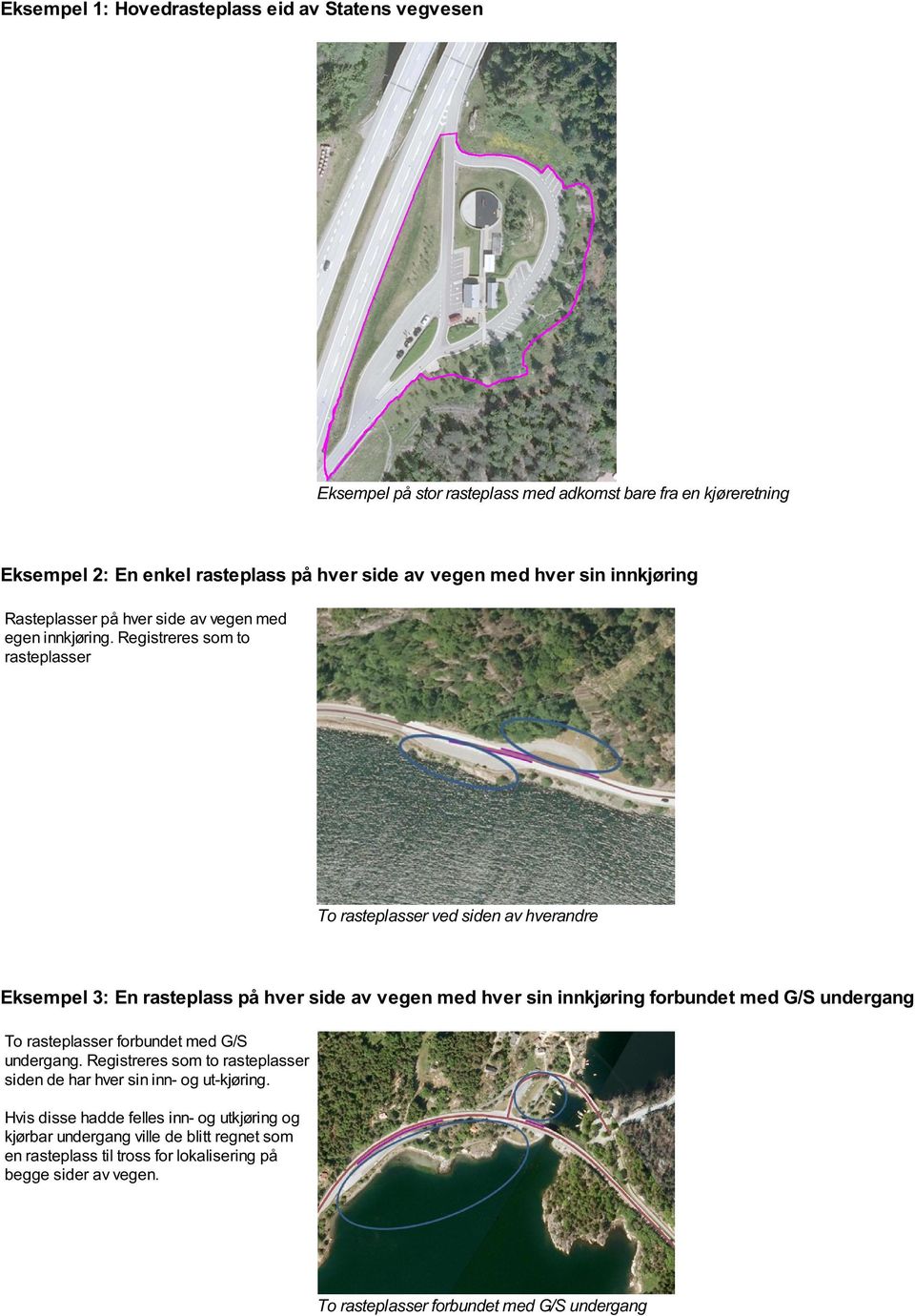 Registreres som to rasteplasser To rasteplasser ved siden av hverandre Eksempel 3: En rasteplass på hver side av vegen med hver sin innkjøring forbundet med G/S undergang To