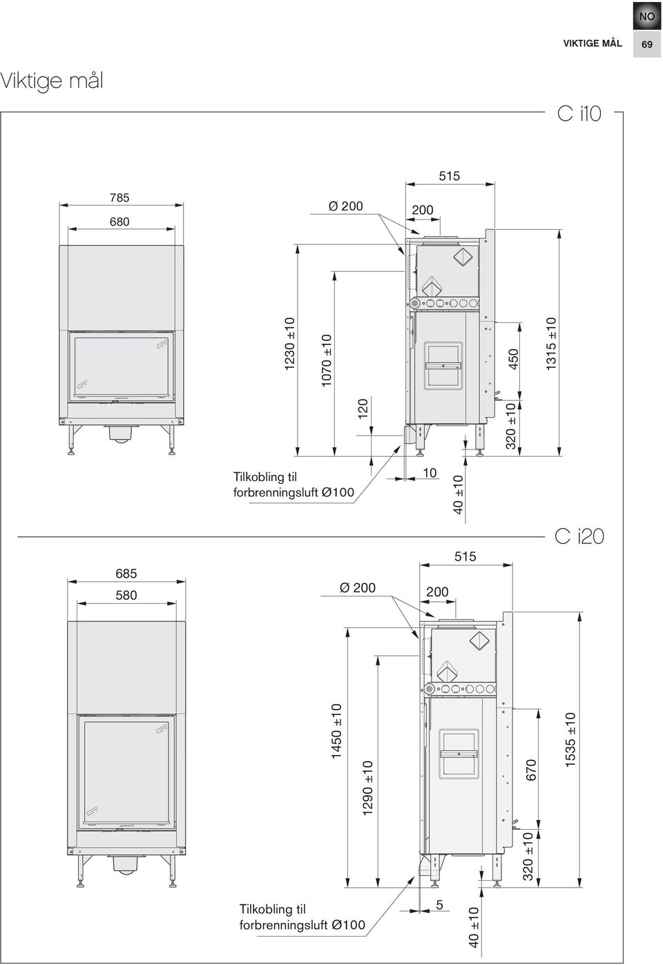 forbrenningsluft Ø 10 40 ±10 685 580 Ø 0 0 515 C i 3 ±10