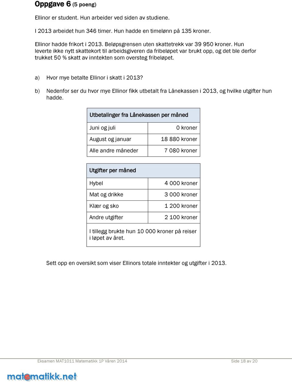 Hun leverte ikke nytt skattekort til arbeidsgiveren da fribeløpet var brukt opp, og det ble derfor trukket 50 % skatt av inntekten som oversteg fribeløpet. a) Hvor mye betalte Ellinor i skatt i 2013?