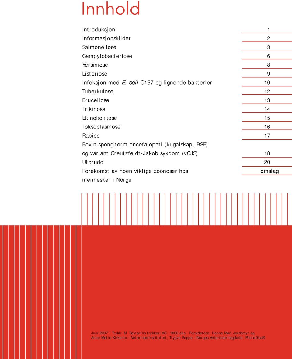og variant Creutzfeldt-Jakob sykdom (vcjs) Utbrudd Forekomst av noen viktige zoonoser hos mennesker i Norge 1 2 3 6 8 9 10 12 13 14 15 16 17 18 20