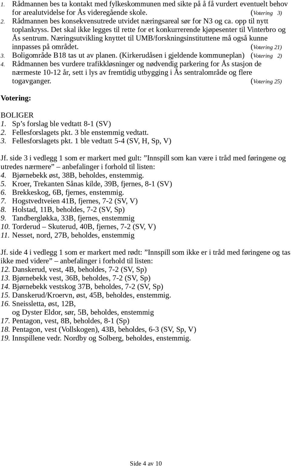 Næringsutvikling knyttet til UMB/forskningsinstituttene må også kunne innpasses på området. (Votering 21) 3. Boligområde B18 tas ut av planen. (Kirkerudåsen i gjeldende kommuneplan) (Votering 2) 4.