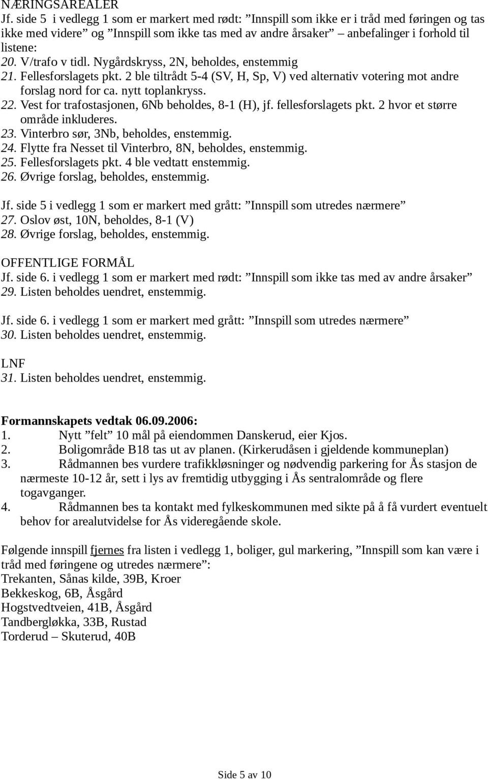 V/trafo v tidl. Nygårdskryss, 2N, beholdes, enstemmig 21. Fellesforslagets pkt. 2 ble tiltrådt 5-4 (SV, H, Sp, V) ved alternativ votering mot andre forslag nord for ca. nytt toplankryss. 22.