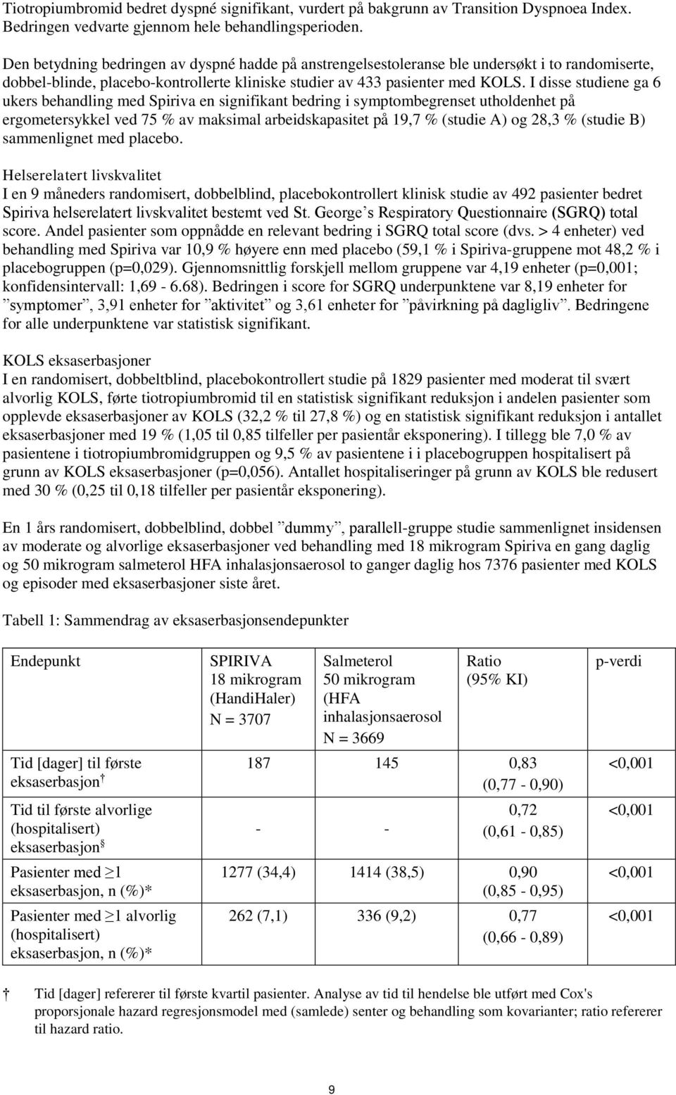 I disse studiene ga 6 ukers behandling med Spiriva en signifikant bedring i symptombegrenset utholdenhet på ergometersykkel ved 75 % av maksimal arbeidskapasitet på 19,7 % (studie A) og 28,3 %