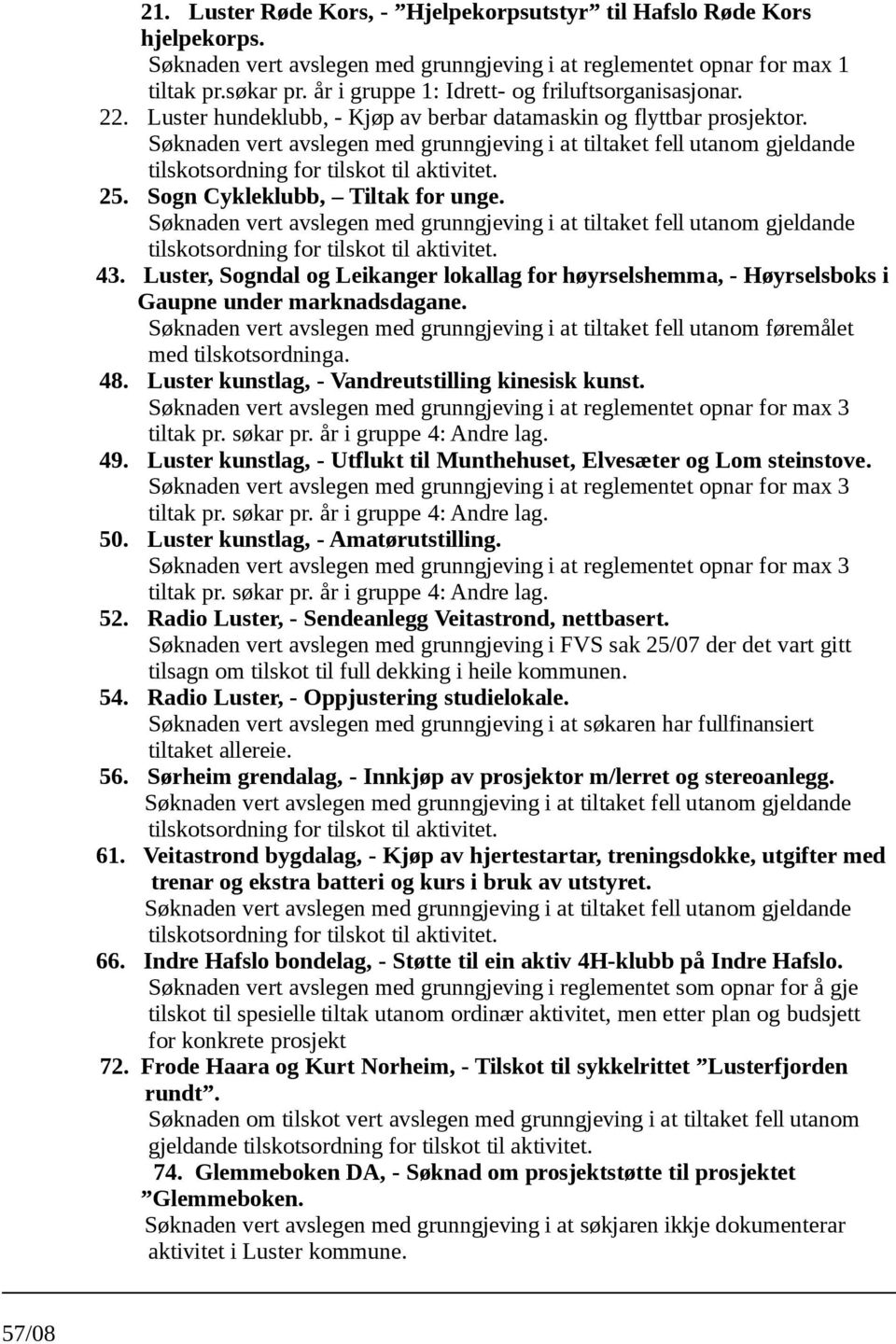 Søknaden vert avslegen med grunngjeving i at tiltaket fell utanom gjeldande tilskotsordning for tilskot til aktivitet. 25. Sogn Cykleklubb, Tiltak for unge.