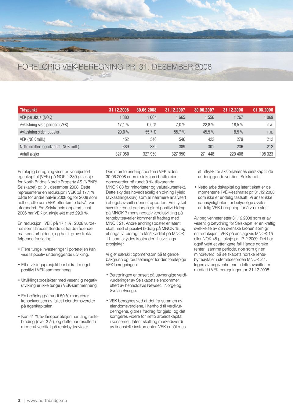 ) 389 389 389 301 236 212 Antall aksjer 327 950 327 950 327 950 271 448 220 408 198 323 Foreløpig beregning viser en verdijustert egenkapital (VEK) på NOK 1.380 pr.