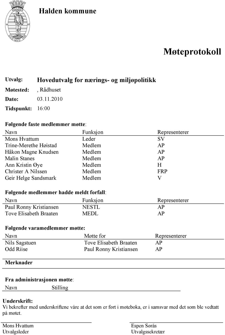 Kristin Øye Medlem H Christer A Nilssen Medlem FRP Geir Helge Sandsmark Medlem V Følgende medlemmer hadde meldt forfall: Navn Funksjon Representerer Paul Ronny Kristiansen NESTL AP Tove Elisabeth