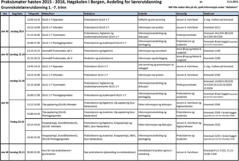 00 GLU3 1-7 Planleggingsmøter studentparti GLU3 1-7 diskusjon 14.15-15.15 Drama60 Praksismøte, del 1 faglærere Informasjon og samarbeid 15.15-16.