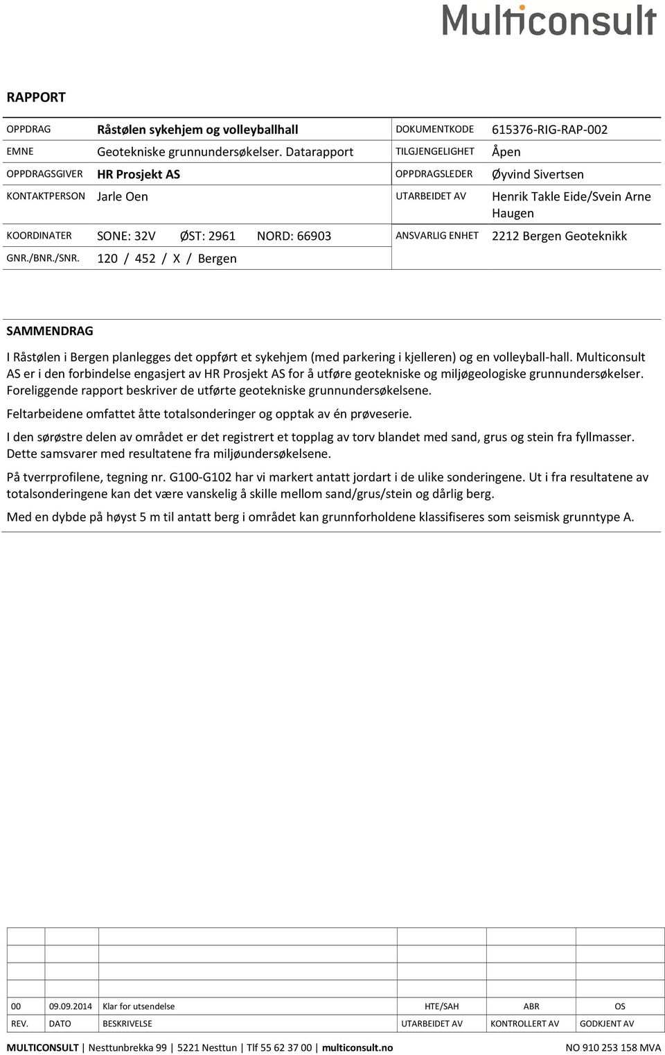 NORD: 66903 ANSVARLIG ENHET 2212 Bergen Geoteknikk GNR./BNR./SNR.