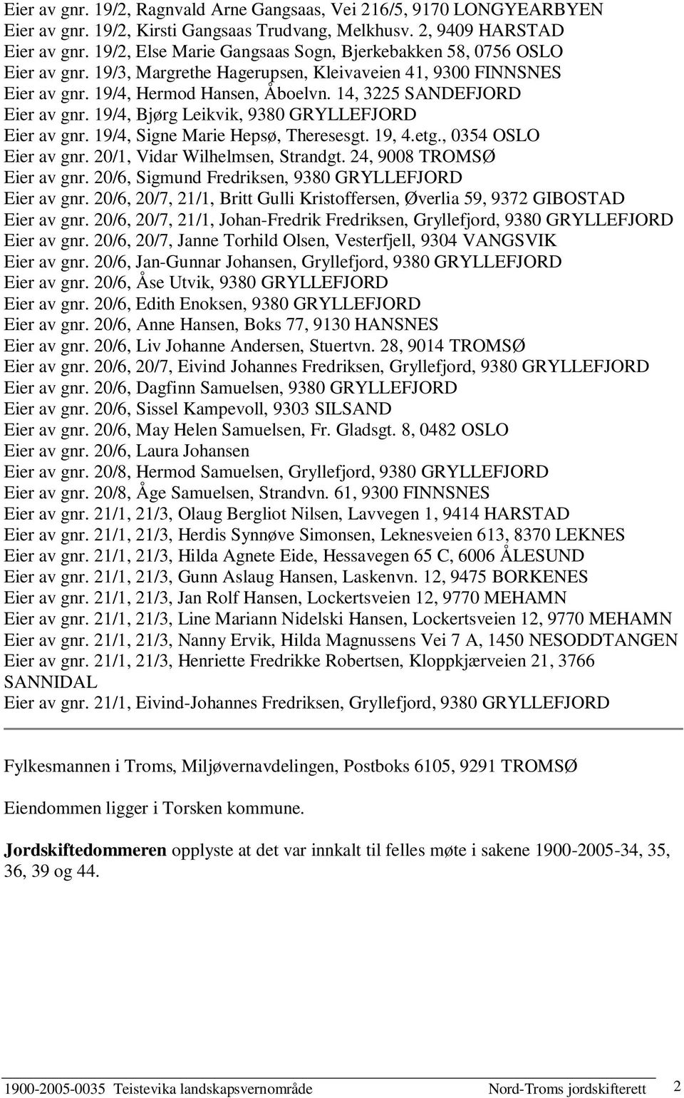 14, 3225 SANDEFJORD Eier av gnr. 19/4, Bjørg Leikvik, 9380 GRYLLEFJORD Eier av gnr. 19/4, Signe Marie Hepsø, Theresesgt. 19, 4.etg., 0354 OSLO Eier av gnr. 20/1, Vidar Wilhelmsen, Strandgt.