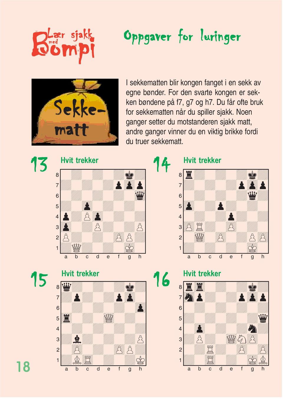 For den svarte kongen er sekken bøndene på f7, g7 og h7. Du får ofte bruk for sekkematten når du spiller sjakk.