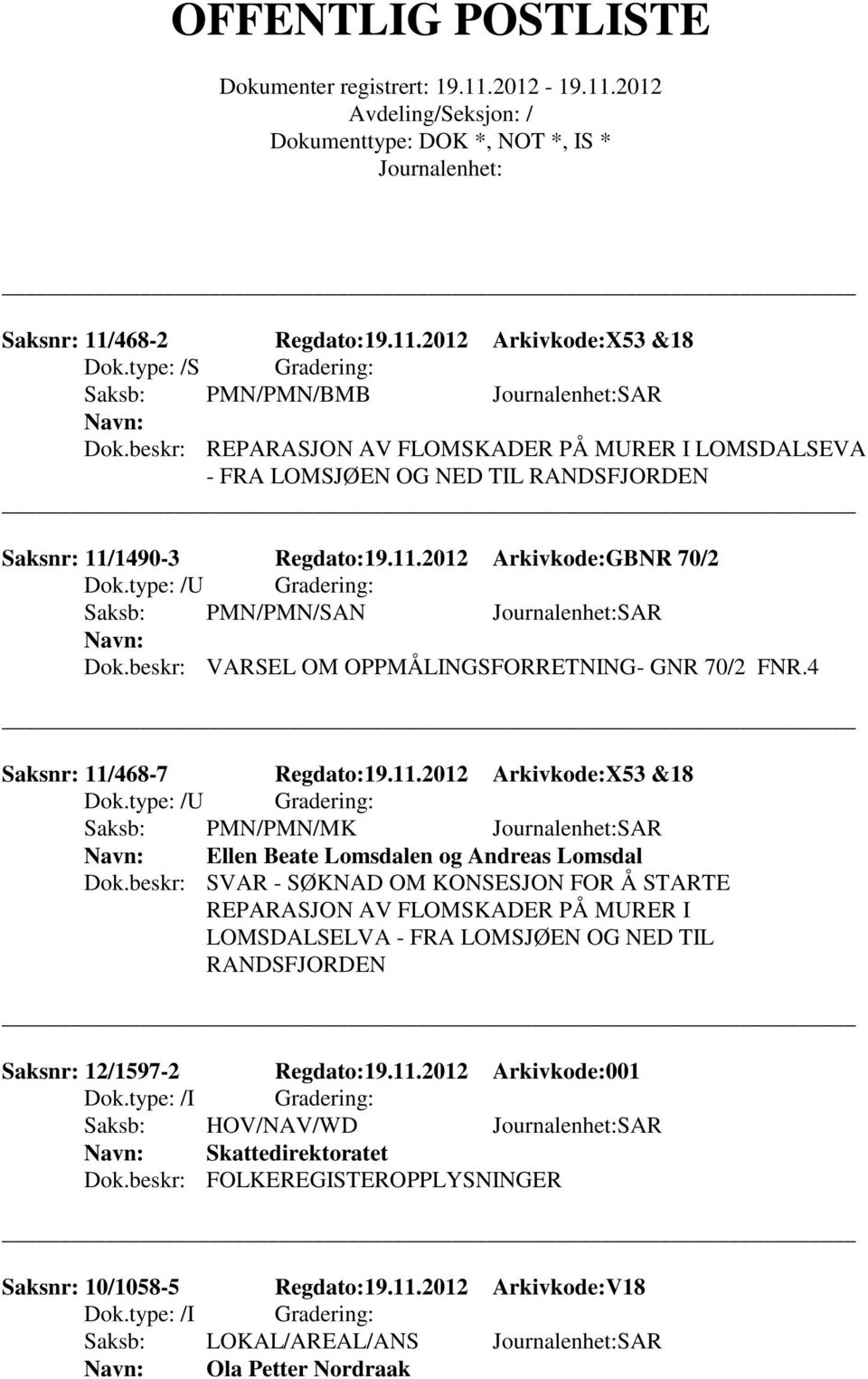 type: /U Gradering: Saksb: PMN/PMN/SAN SAR Dok.beskr: VARSEL OM OPPMÅLINGSFORRETNING- GNR 70/2 FNR.4 Saksnr: 11/468-7 Regdato:19.11.2012 Arkivkode:X53 &18 Dok.