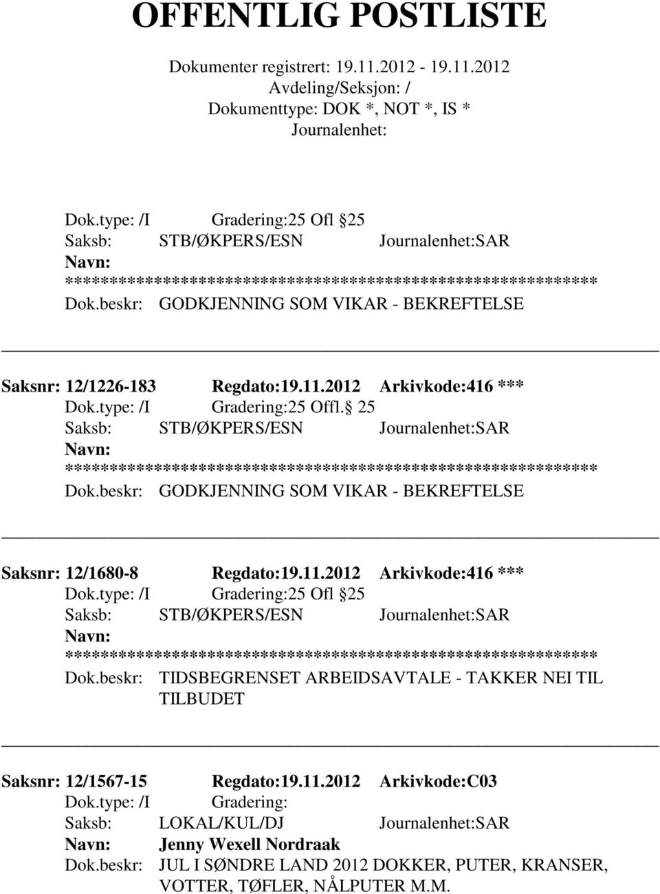 beskr: TIDSBEGRENSET ARBEIDSAVTALE - TAKKER NEI TIL TILBUDET Saksnr: 12/1567-15 Regdato:19.11.