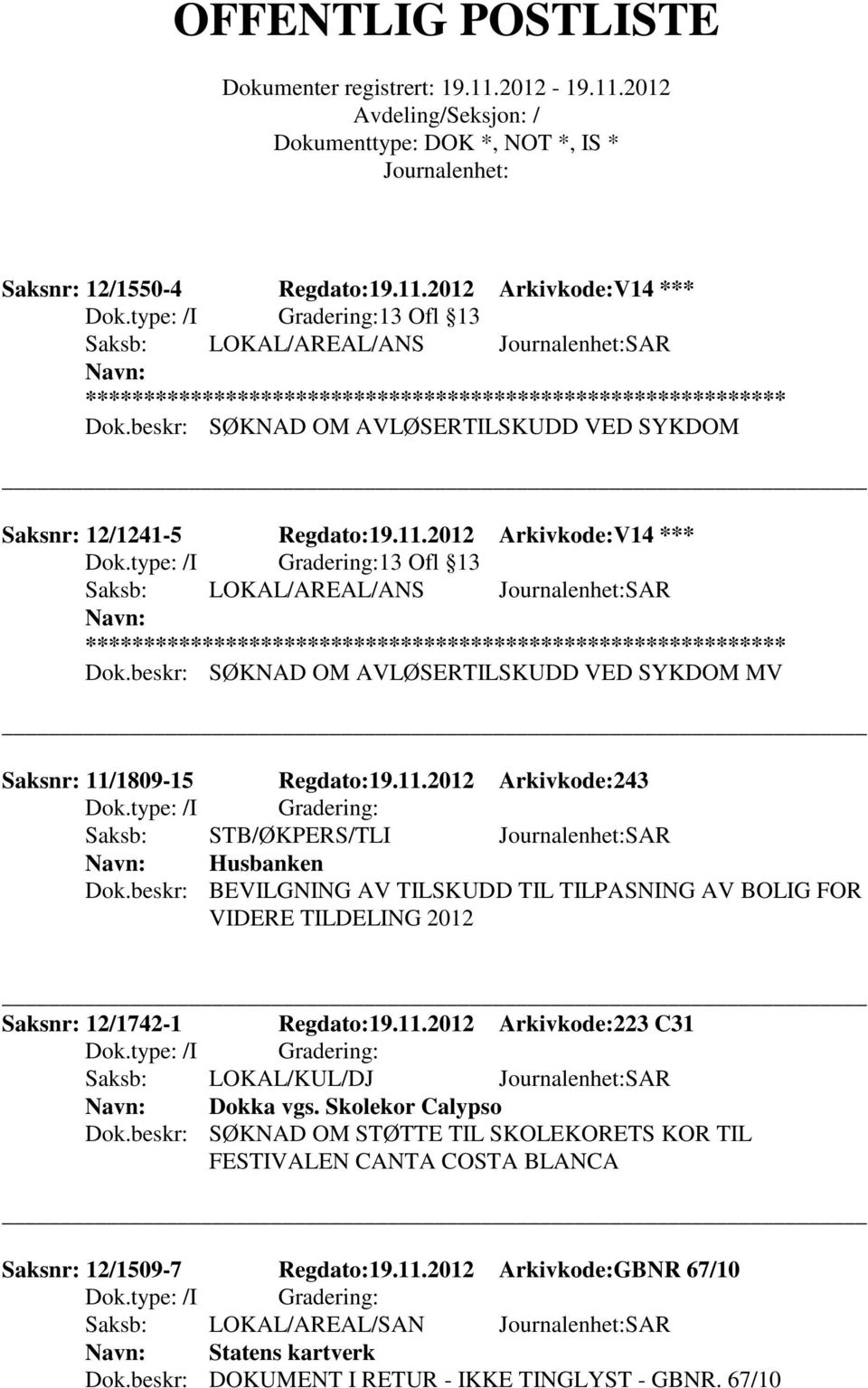 Skolekor Calypso Dok.beskr: SØKNAD OM STØTTE TIL SKOLEKORETS KOR TIL FESTIVALEN CANTA COSTA BLANCA Saksnr: 12/1509-7 Regdato:19.11.