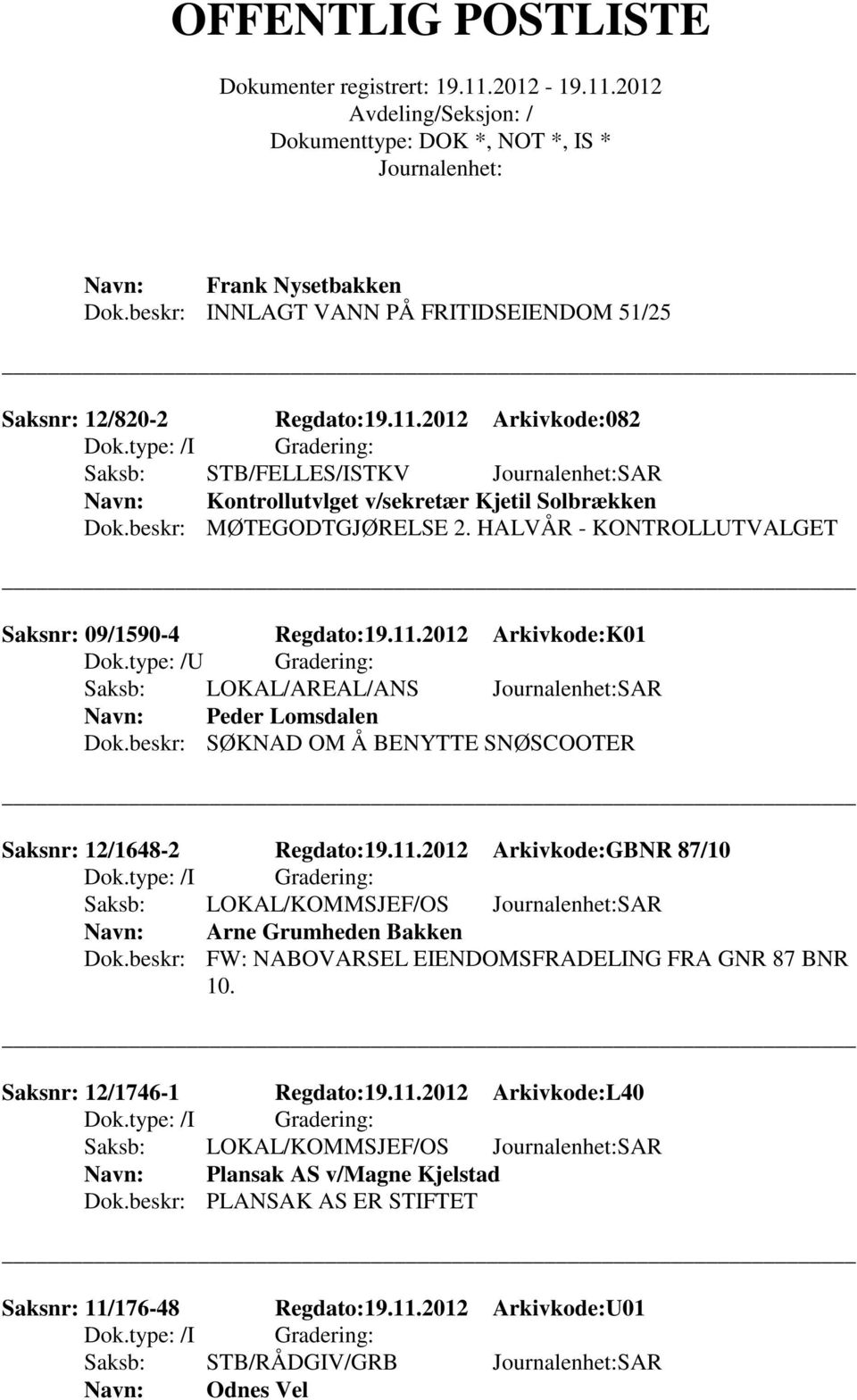 beskr: SØKNAD OM Å BENYTTE SNØSCOOTER Saksnr: 12/1648-2 Regdato:19.11.2012 Arkivkode:GBNR 87/10 Saksb: LOKAL/KOMMSJEF/OS SAR Arne Grumheden Bakken Dok.