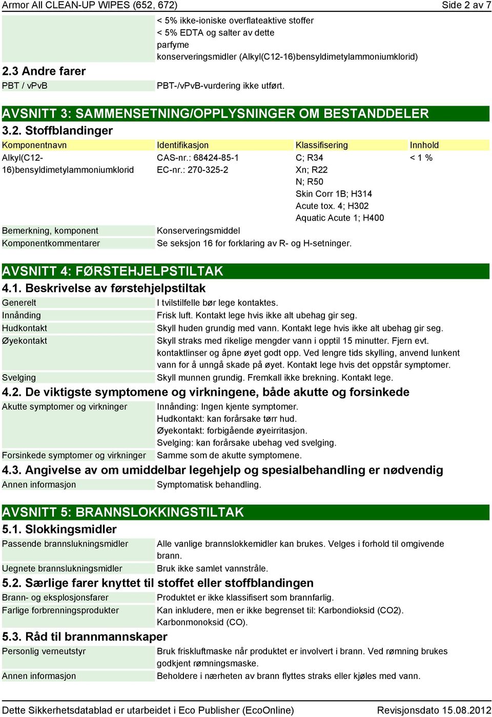 AVSNITT 3: SAMMENSETNING/OPPLYSNINGER OM BESTANDDELER 3.2.