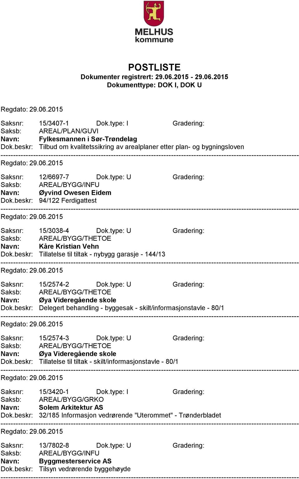 beskr: Tillatelse til tiltak - nybygg garasje - 144/13 Saksnr: 15/2574-2 Dok.type: U Gradering: Saksb: AREAL/BYGG/THETOE Øya Videregående skole Dok.