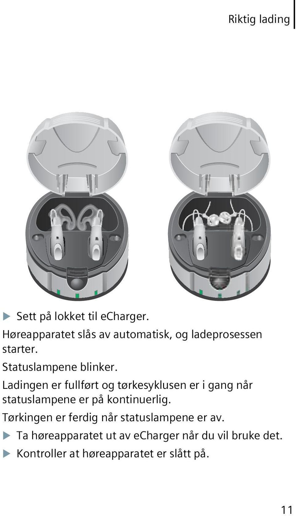 Ladingen er fullført og tørkesyklusen er i gang når statuslampene er på kontinuerlig.