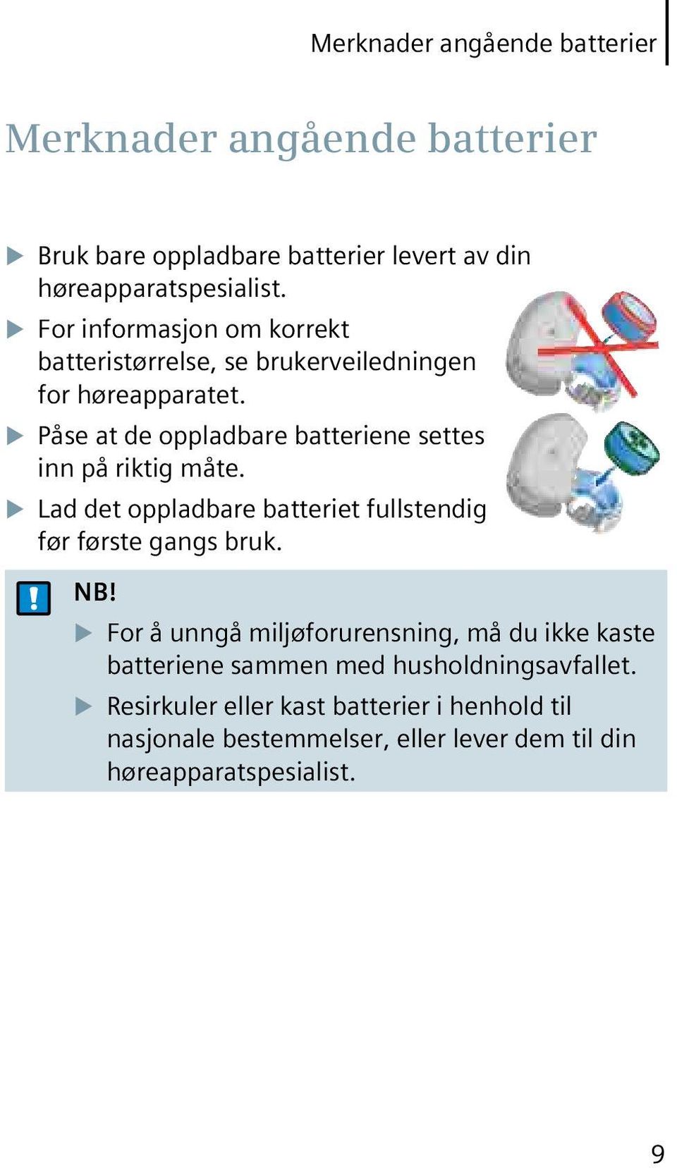 Påse at de oppladbare batteriene settes inn på riktig måte. Lad det oppladbare batteriet fullstendig før første gangs bruk. NB!