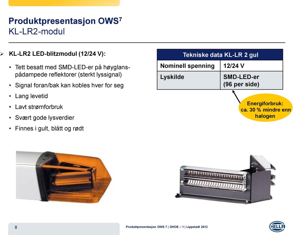 strømforbruk Svært gode lysverdier Finnes i gult, blått og rødt Tekniske data KL-LR 2 gul