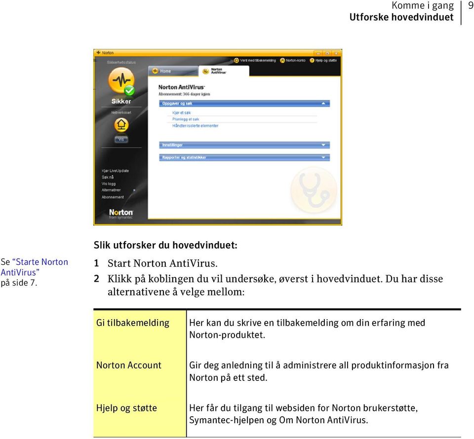 Du har disse alternativene å velge mellom: Gi tilbakemelding Her kan du skrive en tilbakemelding om din erfaring med Norton-produktet.