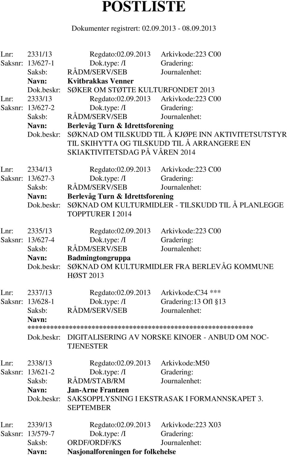 beskr: SØKNAD OM TILSKUDD TIL Å KJØPE INN AKTIVITETSUTSTYR TIL SKIHYTTA OG TILSKUDD TIL Å ARRANGERE EN SKIAKTIVITETSDAG PÅ VÅREN 2014 Lnr: 2334/13 Regdato:02.09.