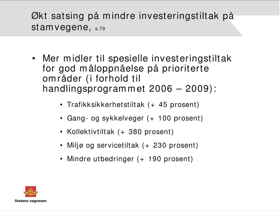 forhold til handlingsprogrammet 2006 2009): Trafikksikkerhetstiltak (+ 45 prosent) Gang- og