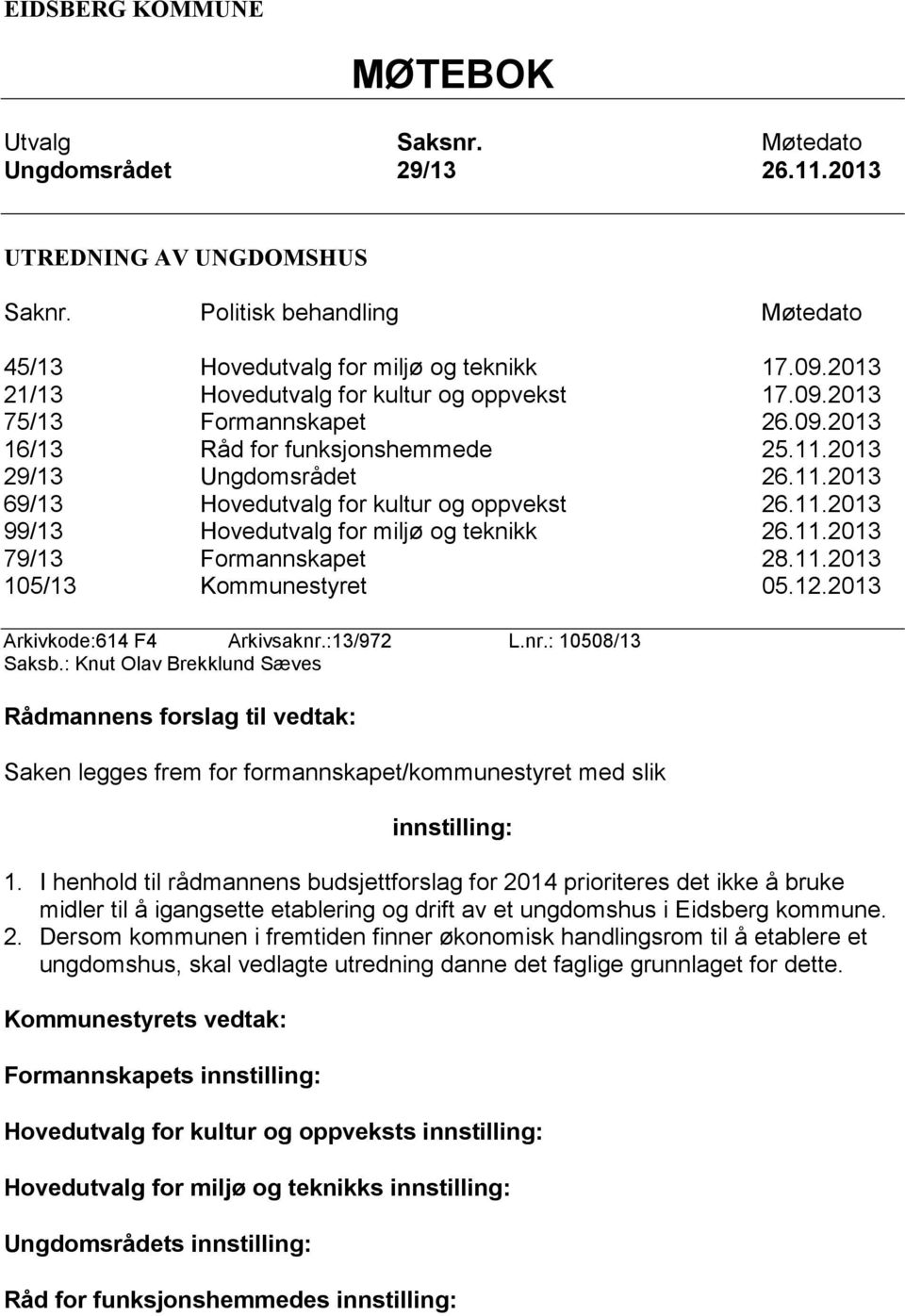 11.2013 99/13 Hovedutvalg for miljø og teknikk 26.11.2013 79/13 Formannskapet 28.11.2013 105/13 Kommunestyret 05.12.2013 Arkivkode:614 F4 Arkivsaknr.:13/972 L.nr.: 10508/13 Saksb.