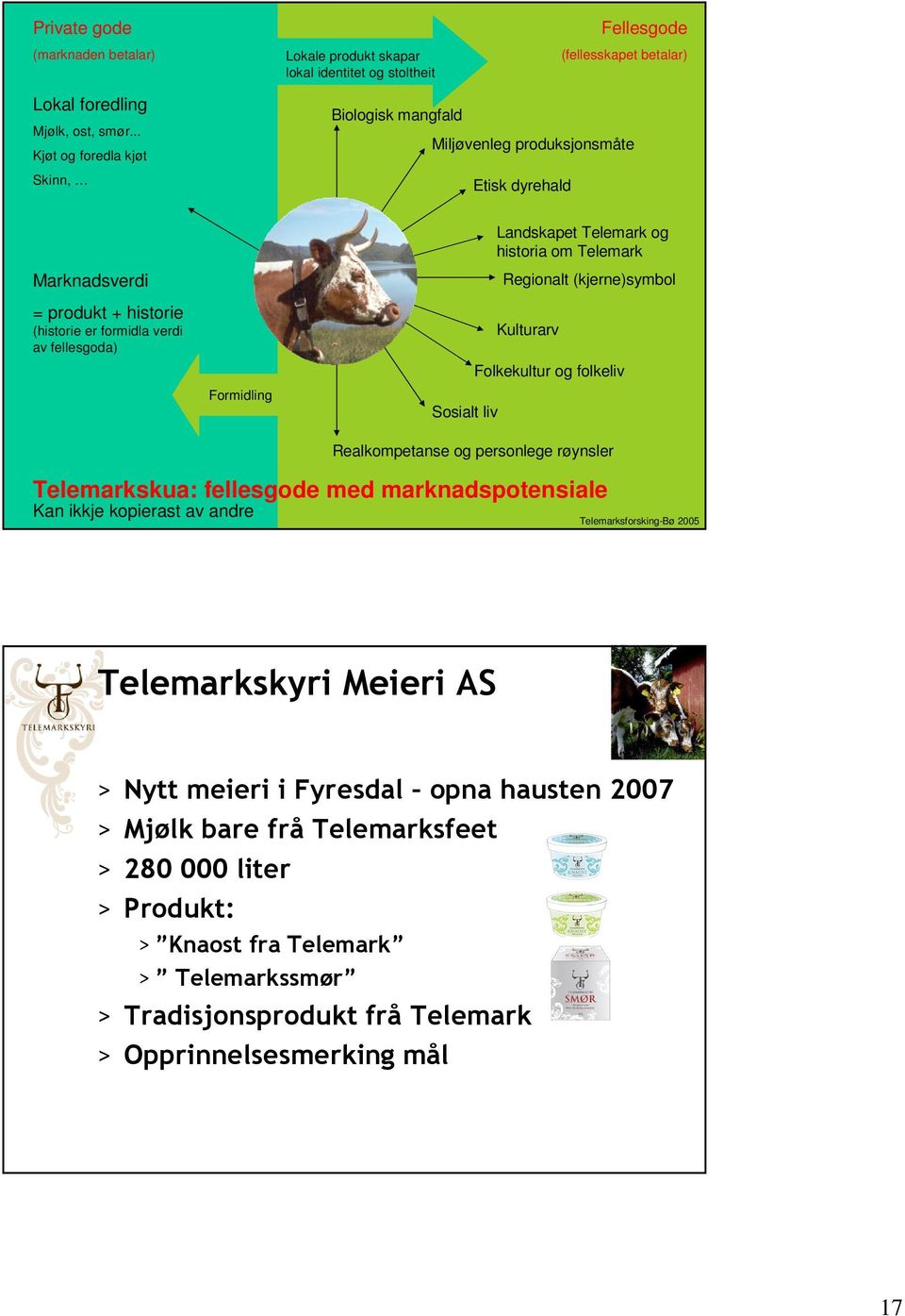 Landskapet Telemark og historia om Telemark Regionalt (kjerne)symbol Kulturarv Folkekultur og folkeliv Realkompetanse og personlege røynsler Telemarkskua: fellesgode med marknadspotensiale Kan ikkje