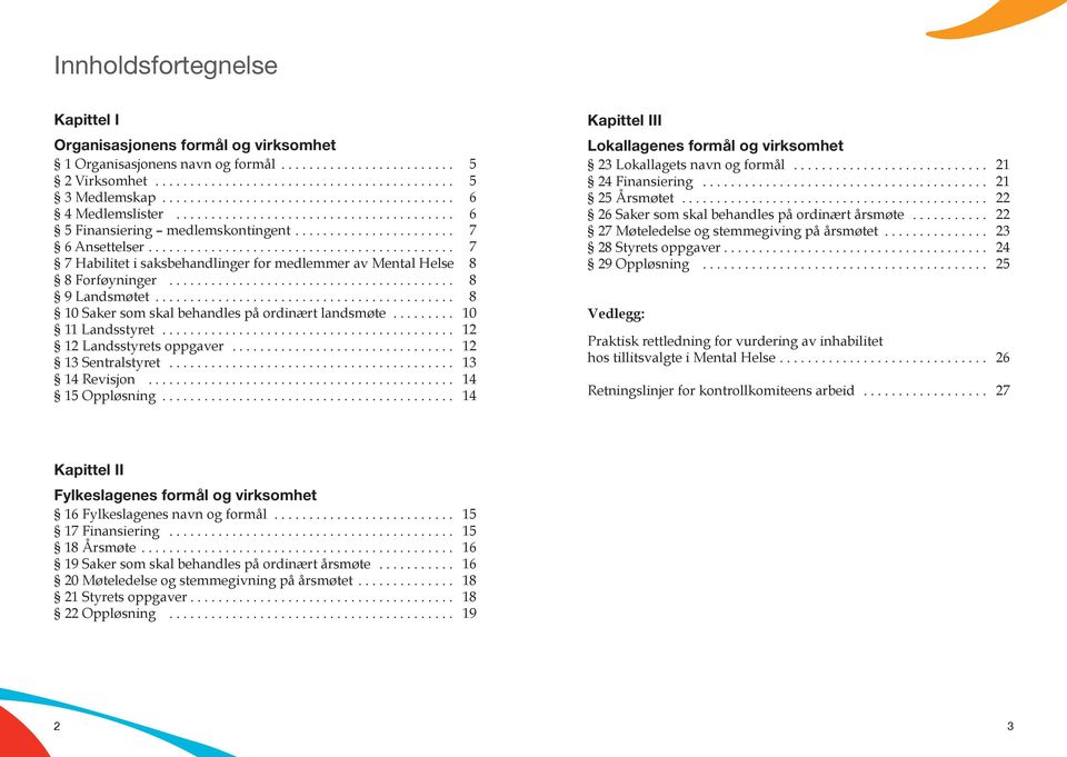 .. 12 12 Landsstyrets oppgaver... 12 13 Sentralstyret... 13 14 Revisjon... 14 15 Oppløsning... 14 Kapittel III Lokallagenes formål og virksomhet 23 Lokallagets navn og formål... 21 24 Finansiering.