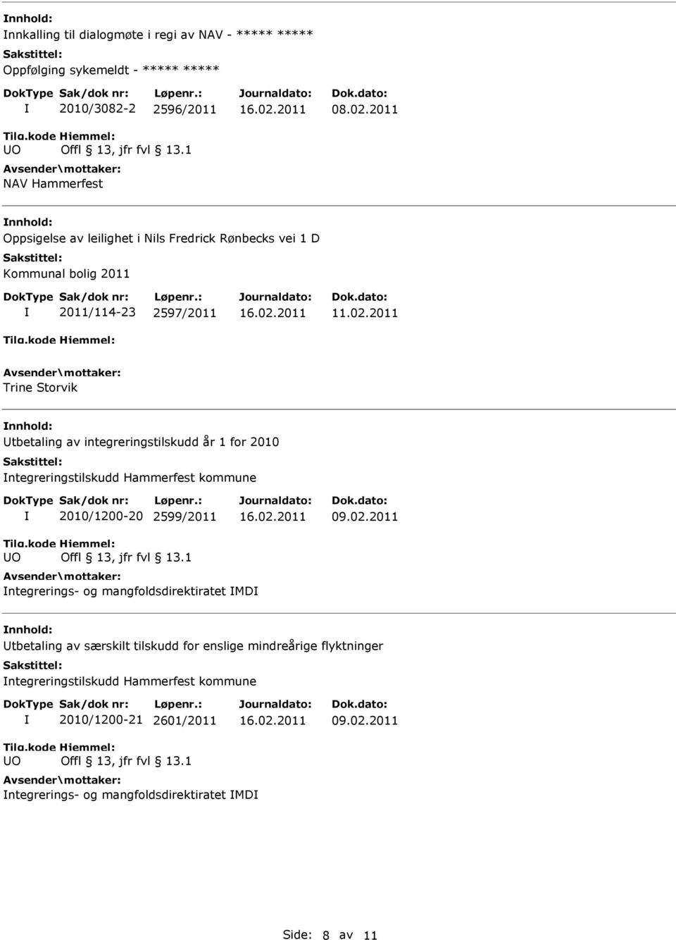 integreringstilskudd år 1 for 2010 ntegreringstilskudd Hammerfest kommune 2010/1200-20 2599/2011 09.02.