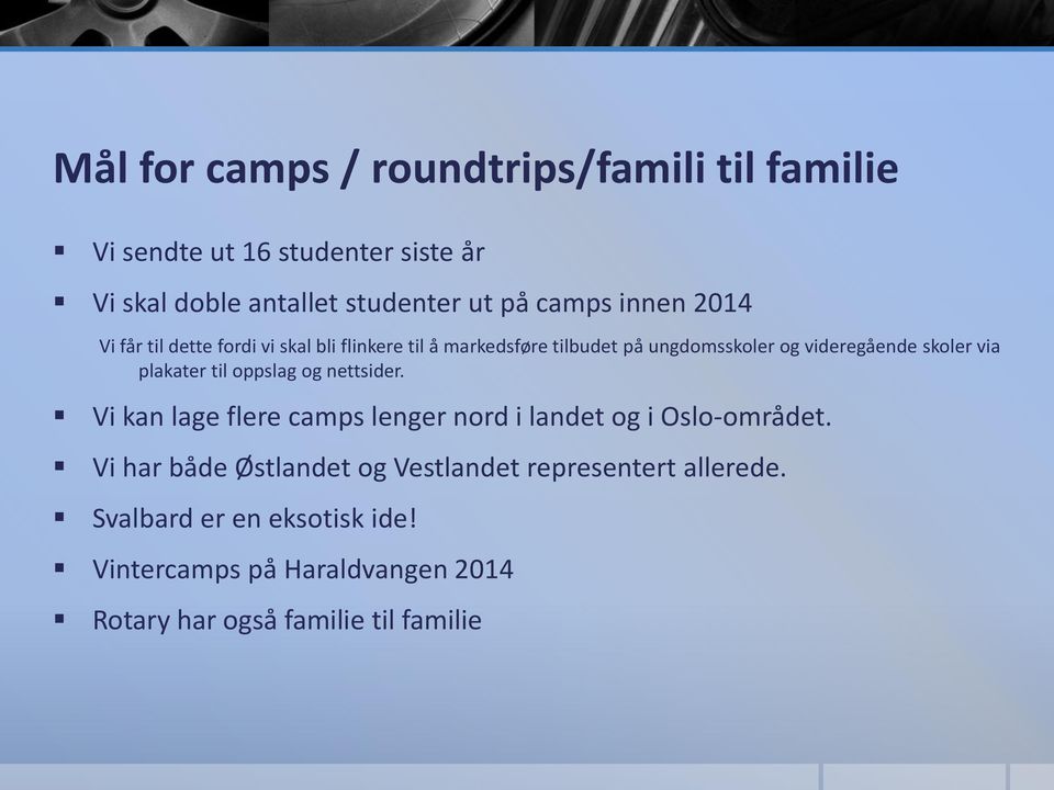 plakater til oppslag og nettsider. Vi kan lage flere camps lenger nord i landet og i Oslo-området.