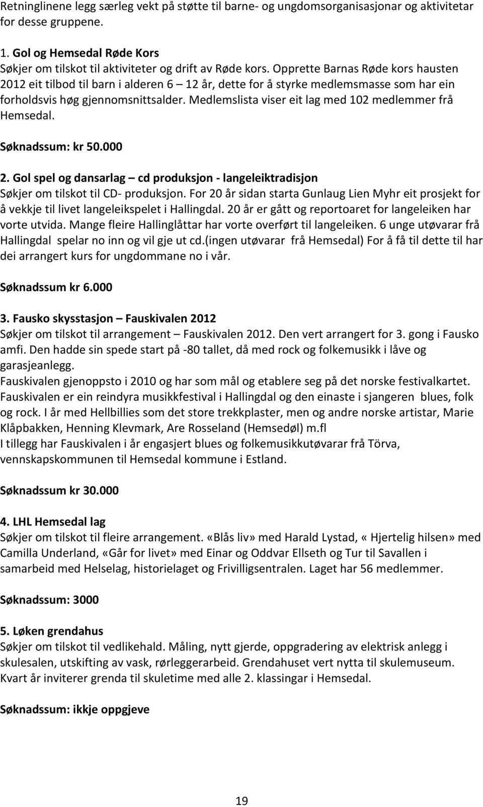Medlemslista viser eit lag med 102 medlemmer frå Hemsedal. Søknadssum: kr 50.000 2. Gol spel og dansarlag cd produksjon - langeleiktradisjon Søkjer om tilskot til CD- produksjon.