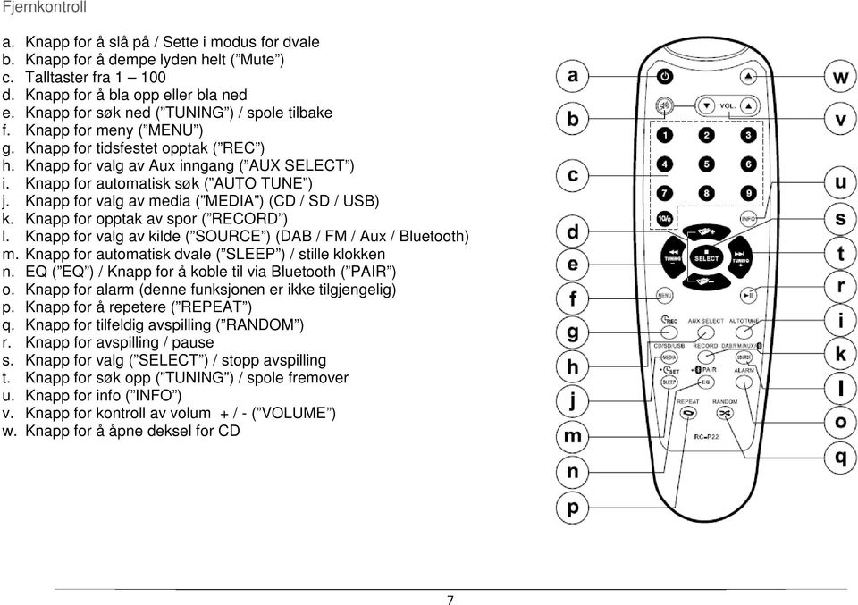 Knapp for automatisk søk ( AUTO TUNE ) j. Knapp for valg av media ( MEDIA ) (CD / SD / USB) k. Knapp for opptak av spor ( RECORD ) l. Knapp for valg av kilde ( SOURCE ) (DAB / FM / Aux / Bluetooth) m.