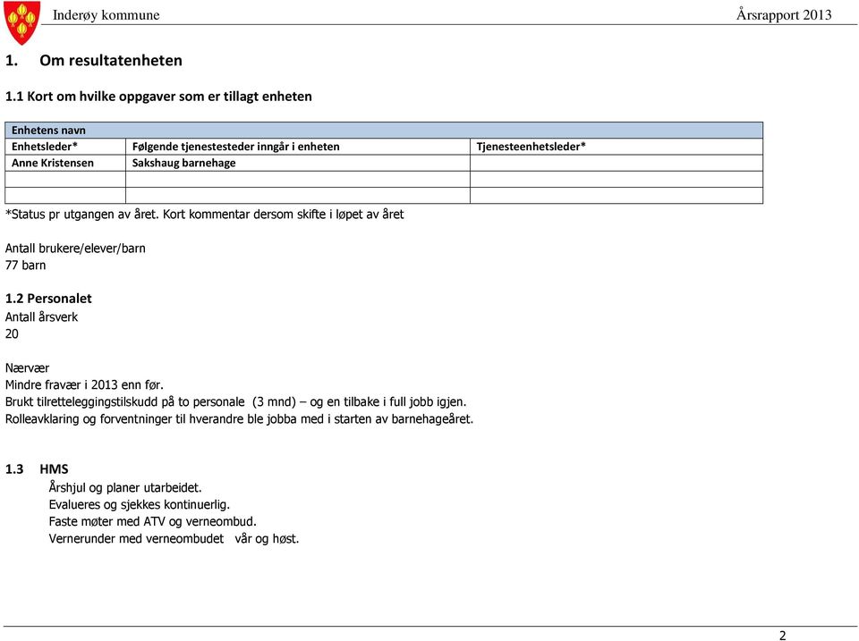 *Status pr utgangen av året. Kort kommentar dersom skifte i løpet av året Antall brukere/elever/barn 77 barn 1.