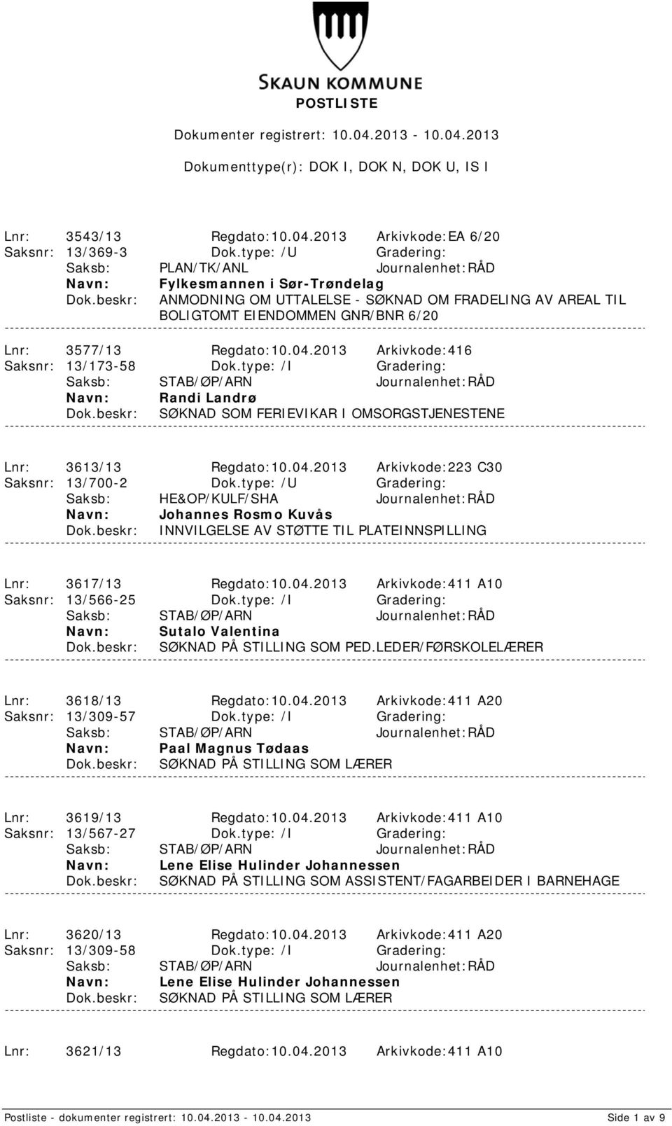 2013 Arkivkode:416 Saksnr: 13/173-58 Dok.type: /I Gradering: Randi Landrø SØKNAD SOM FERIEVIKAR I OMSORGSTJENESTENE Lnr: 3613/13 Regdato:10.04.2013 Arkivkode:223 C30 Saksnr: 13/700-2 Dok.