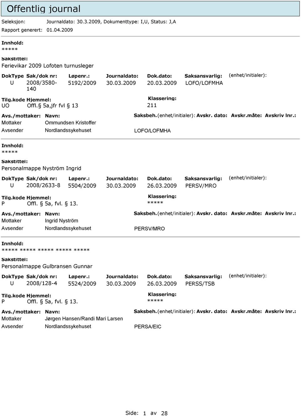 : Mottaker Ommundsen Kristoffer LOFO/LOFMHA ersonalmappe Nyström ngrid 2008/2633-8 5504/2009 ERSV/MRO Offl. 5a, fvl. 13. Avs./mottaker: Navn: Saksbeh. Avskr. dato: Avskr.