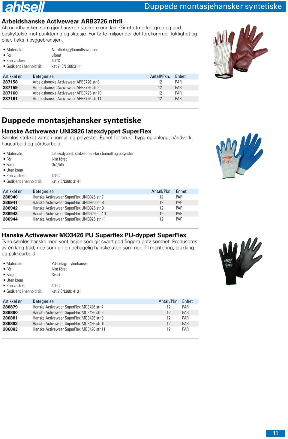 Nitrilbelegg/bomullsoverside ufôret Kan vaskes: 40 ºC kat 2; EN 388;3111 287158 Arbeidshanske Activewear ARB3726 str 8 12 PAR 287159 Arbeidshanske Activewear ARB3726 str 9 12 PAR 287160 Arbeidshanske