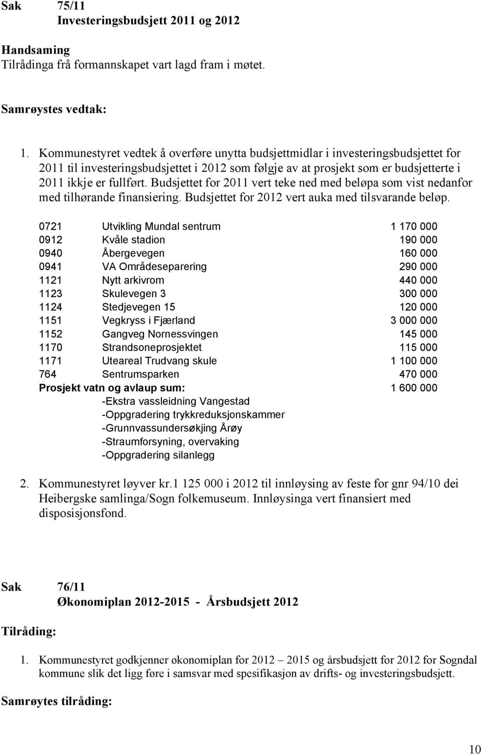 Budsjettet for 2011 vert teke ned med beløpa som vist nedanfor med tilhørande finansiering. Budsjettet for 2012 vert auka med tilsvarande beløp.