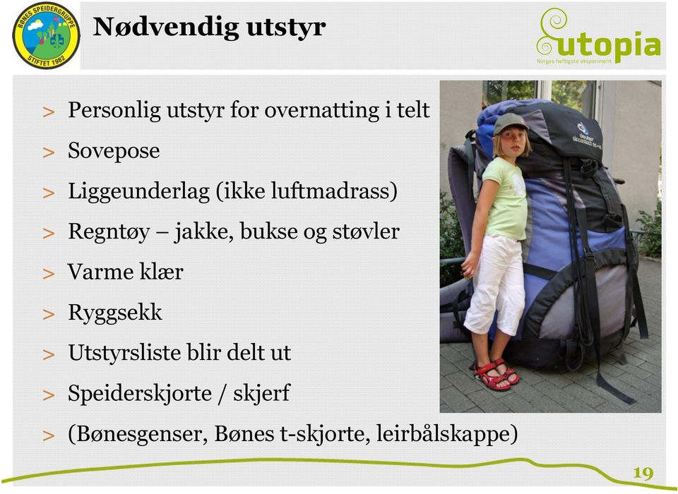 og støvler > Varme klær > Ryggsekk > Utstyrsliste blir delt ut >