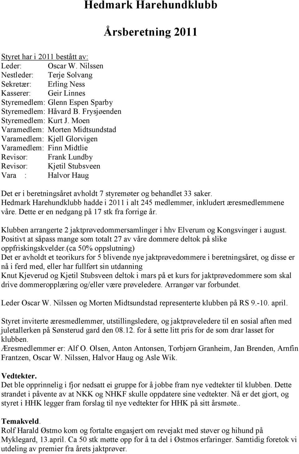 Moen Varamedlem: Morten Midtsundstad Varamedlem: Kjell Glorvigen Varamedlem: Finn Midtlie Revisor: Frank Lundby Revisor: Kjetil Stubsveen Vara : Halvor Haug Det er i beretningsåret avholdt 7