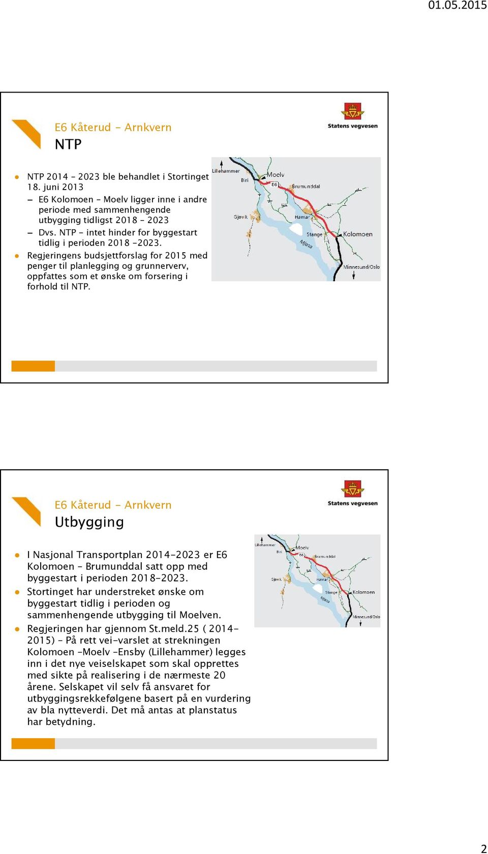 Utbygging I Nasjonal Transportplan 2014-2023 er E6 Kolomoen Brumunddal satt opp med byggestart i perioden 2018-2023.